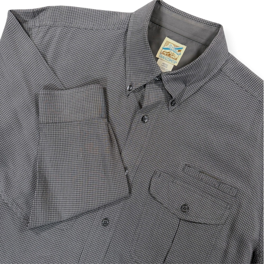 TRAVELSMITH Button Down Long Sleeve Shirt Mens L Gray Micro Check Casual